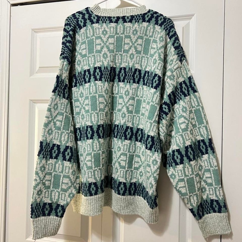 Green and white 100% wool vintage 90s knit crewneck sweater - Picture 4 of 4